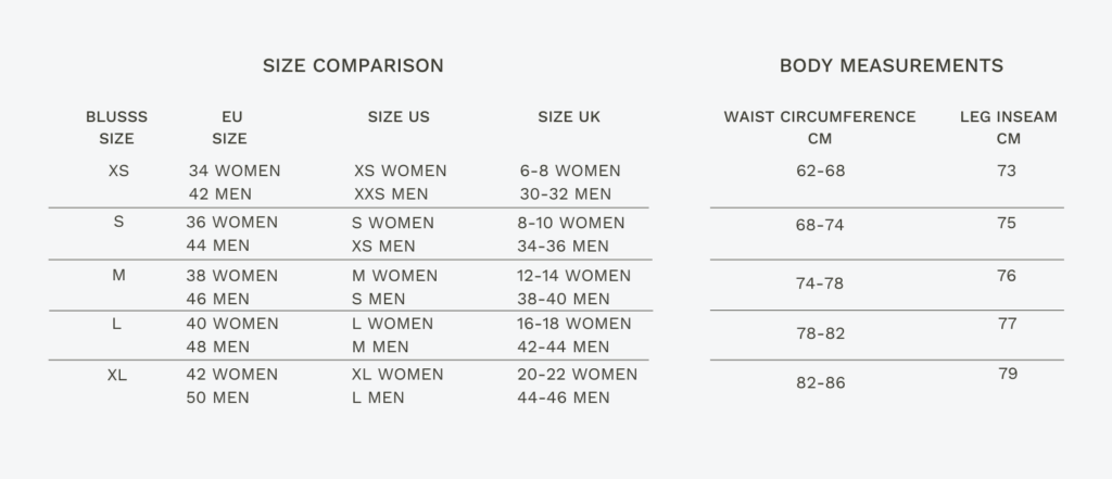 Täiskasvanute suuruste tabel